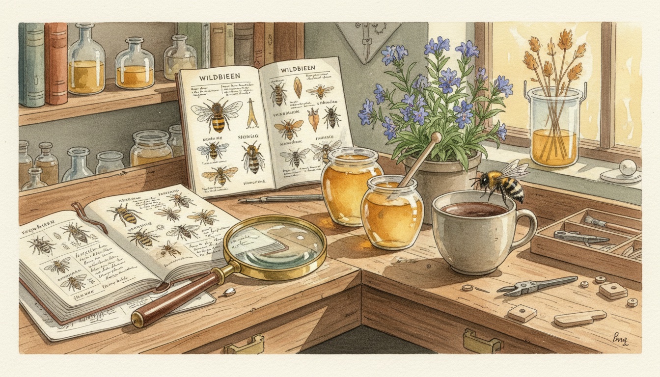Werkstatt-Szene mit Wildbienen-Bestimmungsbuch, Honigglas und Natternkopf — pragmatische Forschung im Detail