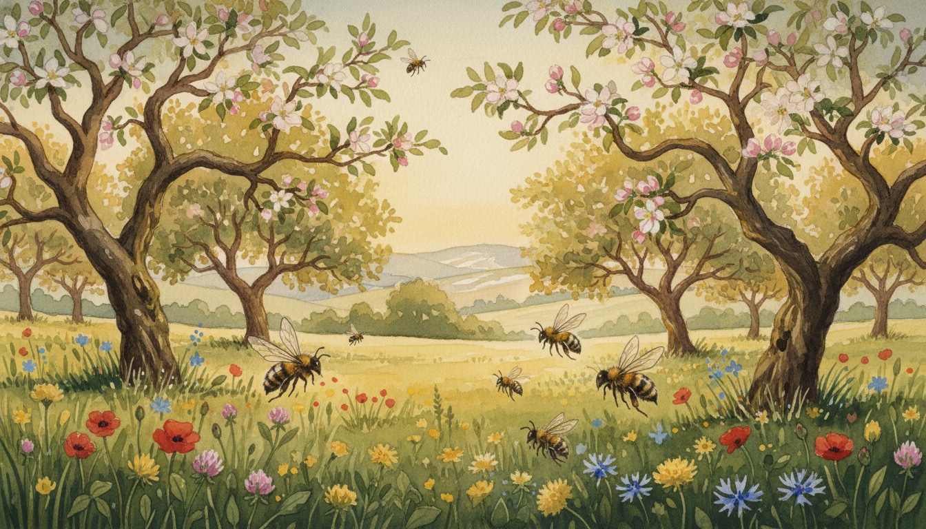 Bienen und Wildbienen in Baden-Württemberg — Aquarell-Illustration der typischen Habitate