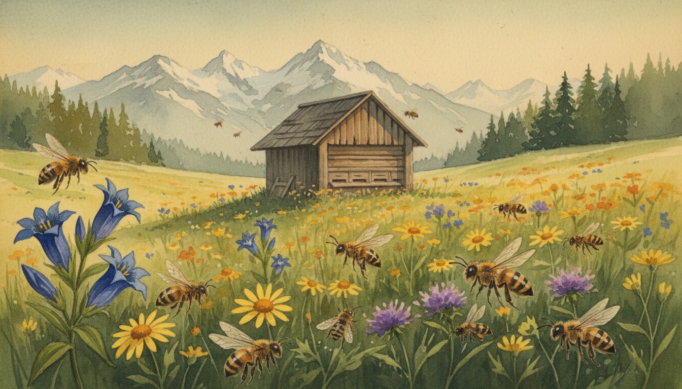 Bienen und Wildbienen in Bayern — Aquarell-Illustration der typischen Habitate