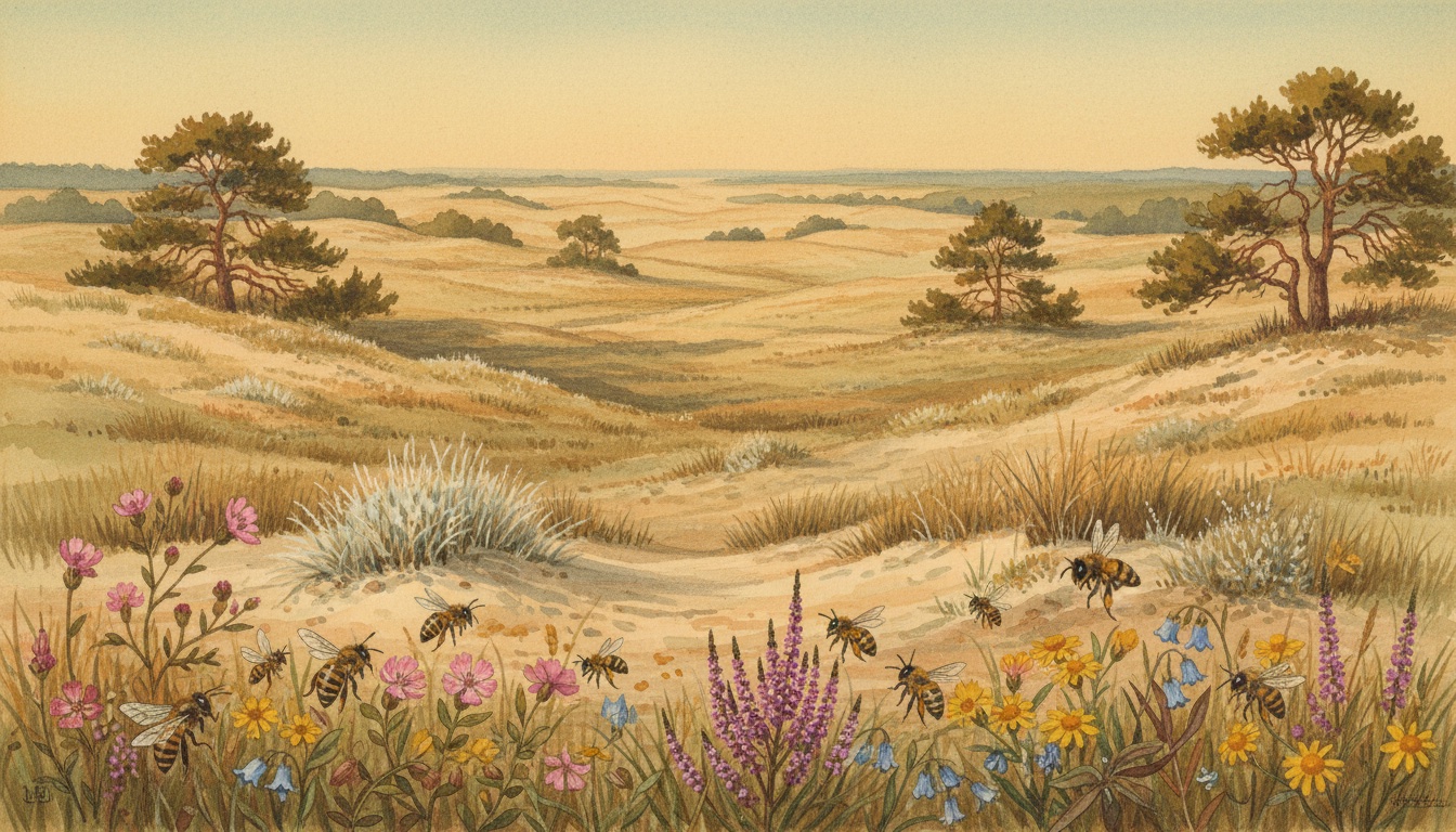 Bienen und Wildbienen in Brandenburg — Aquarell-Illustration der typischen Habitate