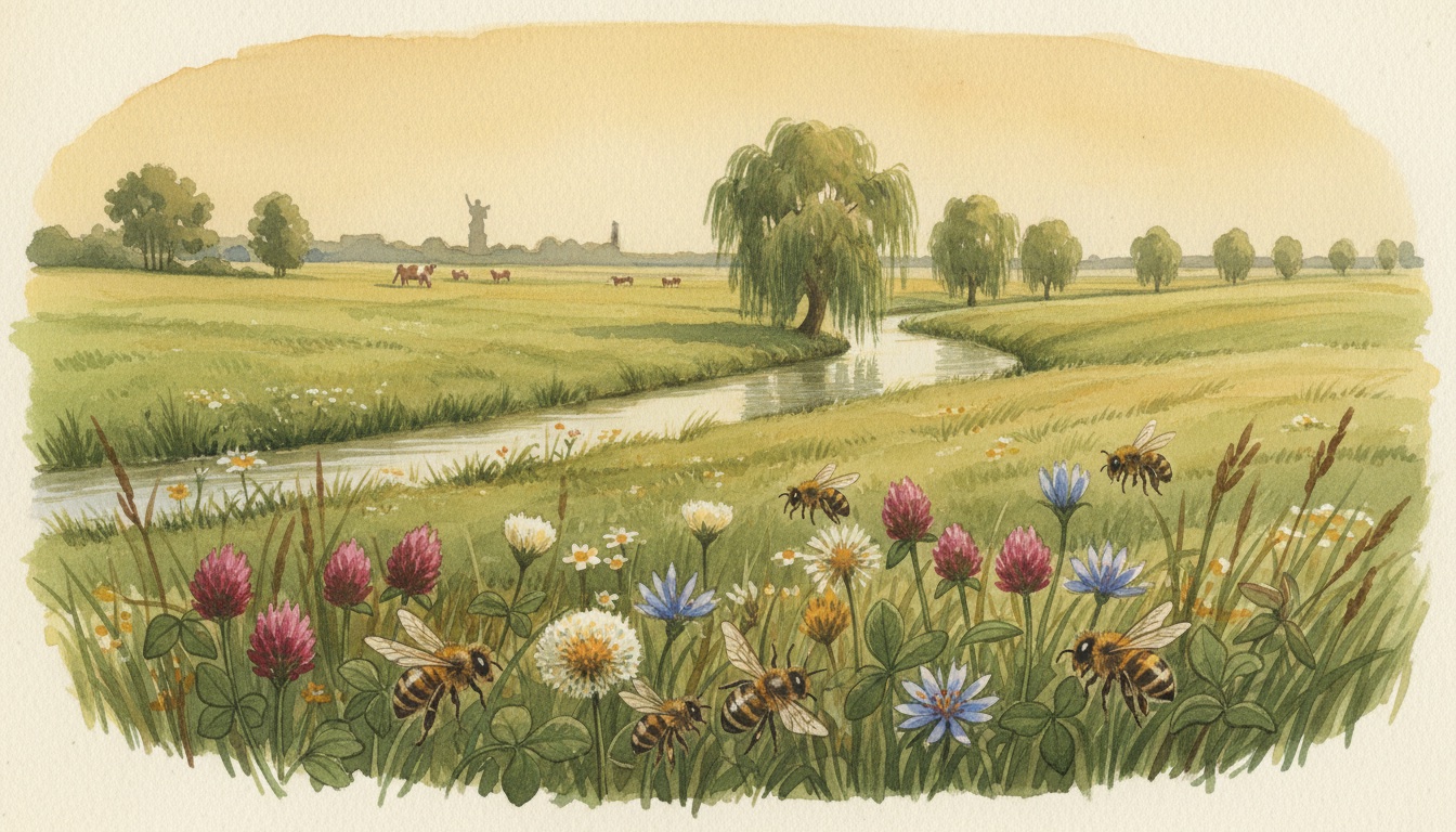 Bienen und Wildbienen in Bremen — Aquarell-Illustration der typischen Habitate