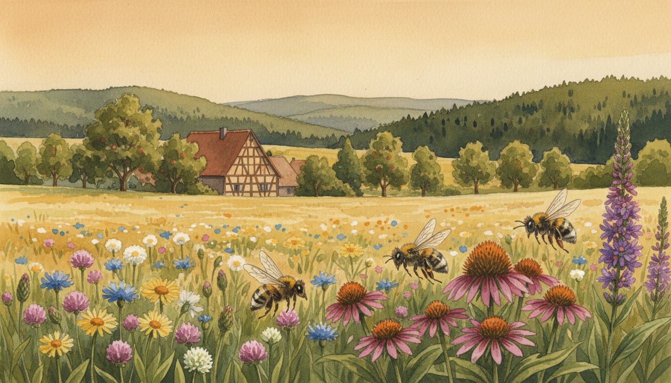 Bienen und Wildbienen in Hessen — Aquarell-Illustration der typischen Habitate