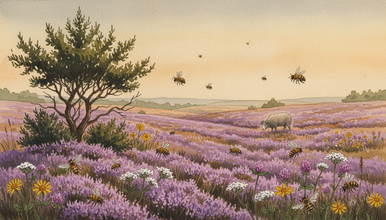 Bienen und Wildbienen in Niedersachsen — Aquarell-Illustration der typischen Habitate