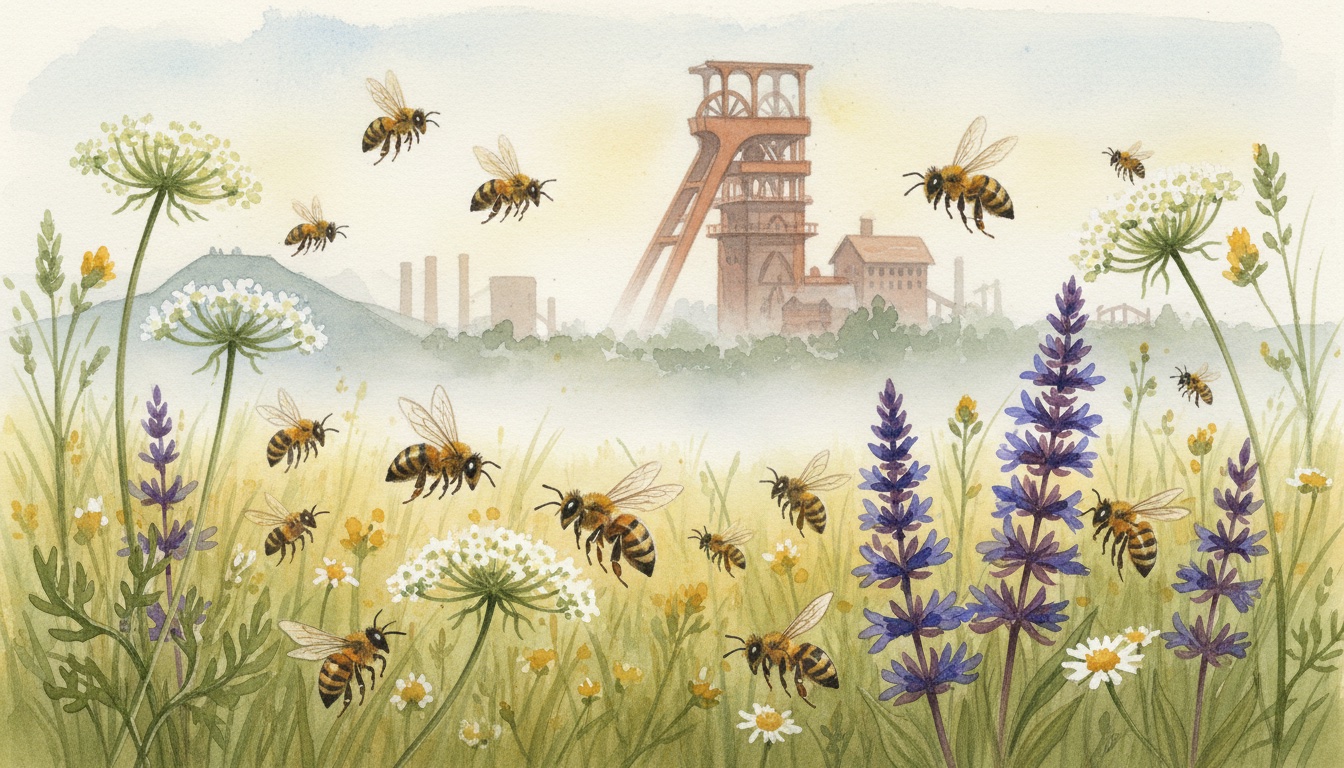 Bienen und Wildbienen in Nordrhein-Westfalen — Aquarell-Illustration der typischen Habitate