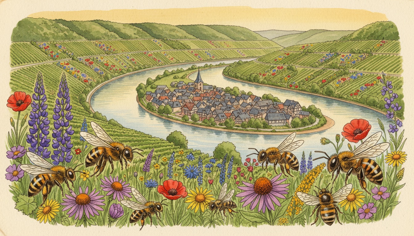 Bienen und Wildbienen in Rheinland-Pfalz — Aquarell-Illustration der typischen Habitate