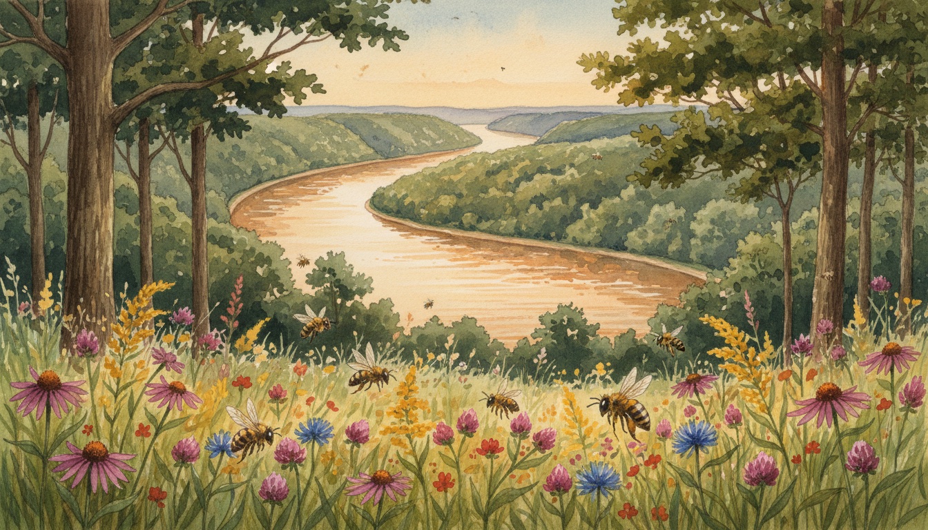 Bienen und Wildbienen in Saarland — Aquarell-Illustration der typischen Habitate