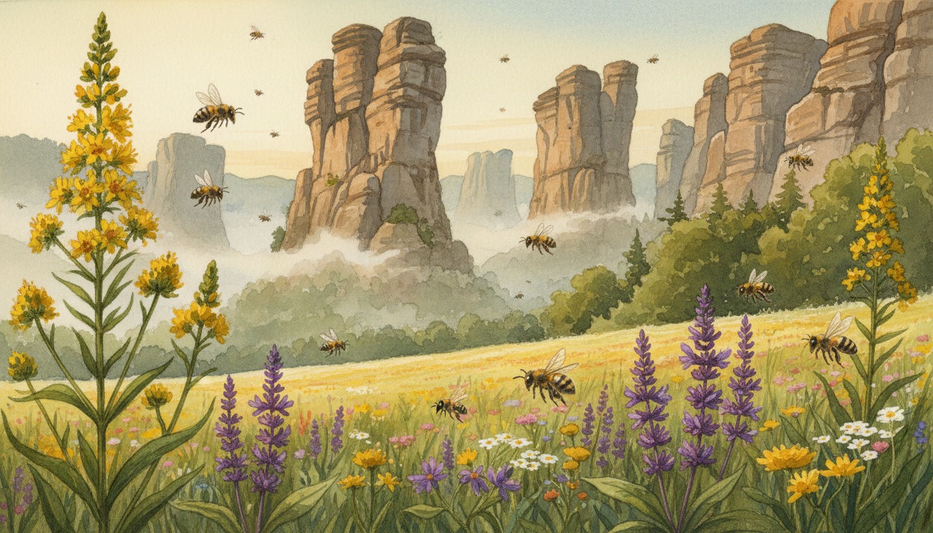 Bienen und Wildbienen in Sachsen — Aquarell-Illustration der typischen Habitate