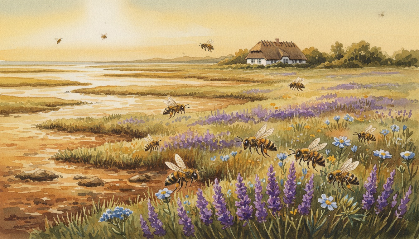 Bienen und Wildbienen in Schleswig-Holstein — Aquarell-Illustration der typischen Habitate