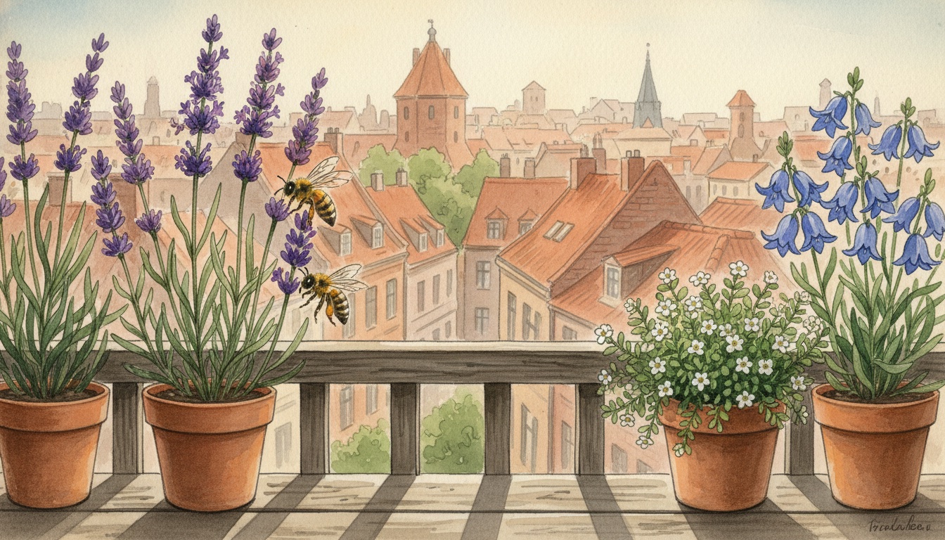 Sonniger Balkon mit Kübelpflanzen wie Lavendel, Thymian und Glockenblume als Trachtangebot für Wildbienen in der Stadt
