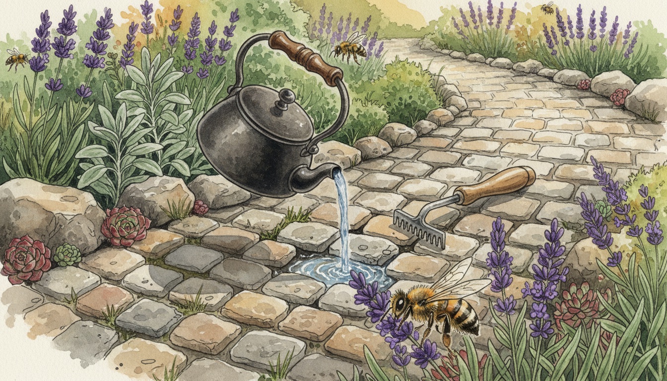 Glyphosat-Alternativen — heißes Wasser zwischen Pflastersteinen, Lavendel und Salbei als bienenfreundliche Begleitpflanzen