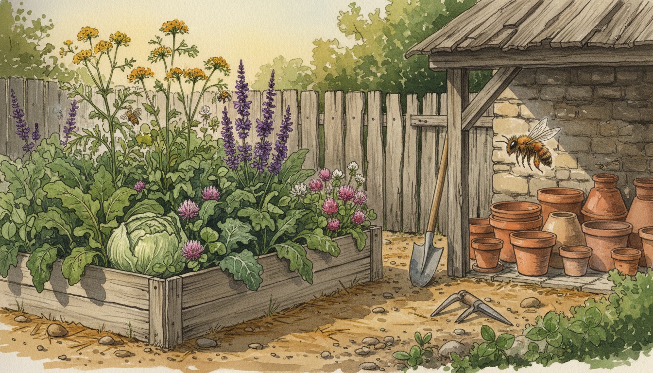 Pragmatischer Bauerngarten mit Wildblumen, Werkzeug und Bienen — DIY-Maßnahmen für bienenfreundliche Gärten