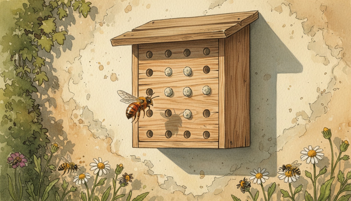 Wissenschaftlich korrekte Wildbienen-Nisthilfe — Hartholz-Block mit sauberen 2–9 mm Bohrungen, Osmia bicornis Mauerbiene im Anflug