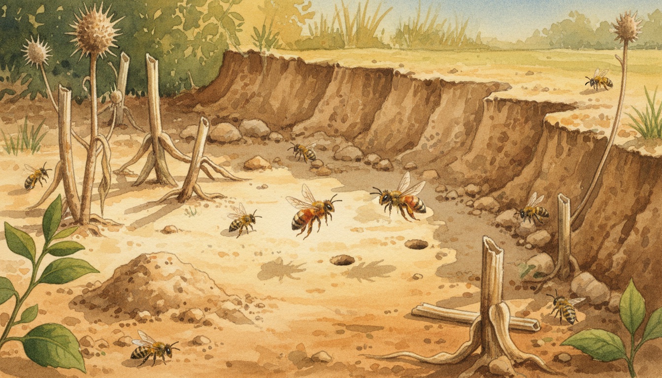 Sandige Bodenfläche mit Lehmsteilkante und trockenen Stängeln — Lebensraum für Erdbienen wie Andrena fulva (Rotpelzige Sandbiene)
