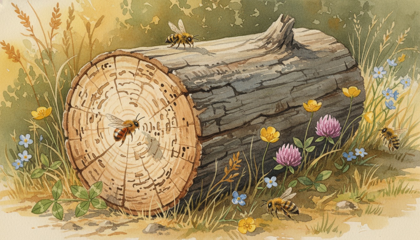 Besonnter abgelagerter Hartholz-Stamm mit Käferfraßgängen als Nistplatz für holznistende Wildbienen