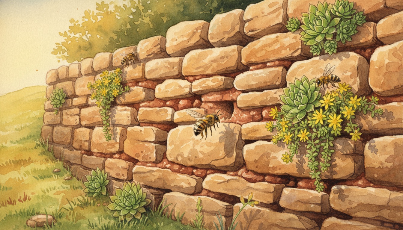 Besonnte Natursteinmauer ohne Mörtel mit offenen und lehmverfüllten Fugen als Wärme- und Niststruktur für Wildbienen
