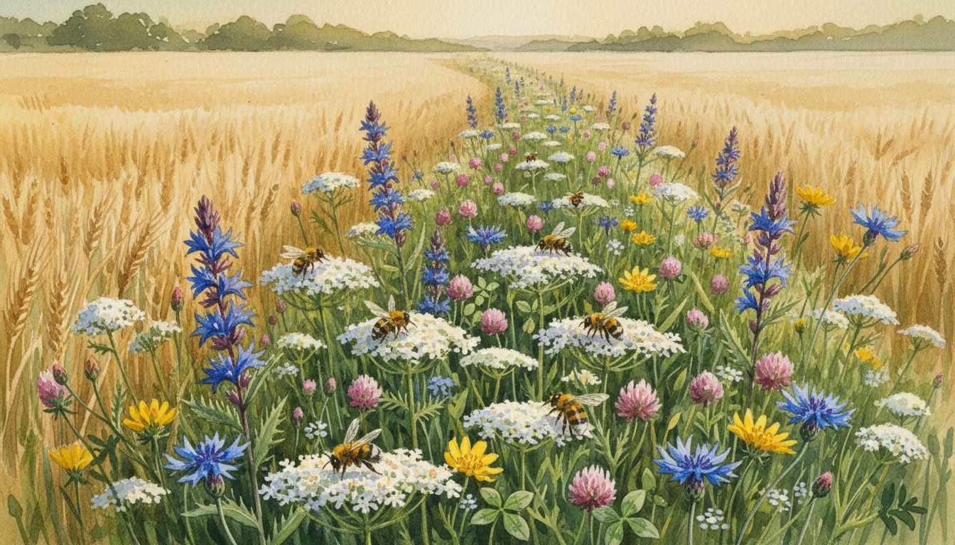 50-Meter-Wildblumenstreifen am Ackerrand mit Natternkopf, Schafgarbe, Wilde Möhre und Klee — Lebensraum-Korridor für Wildbienen