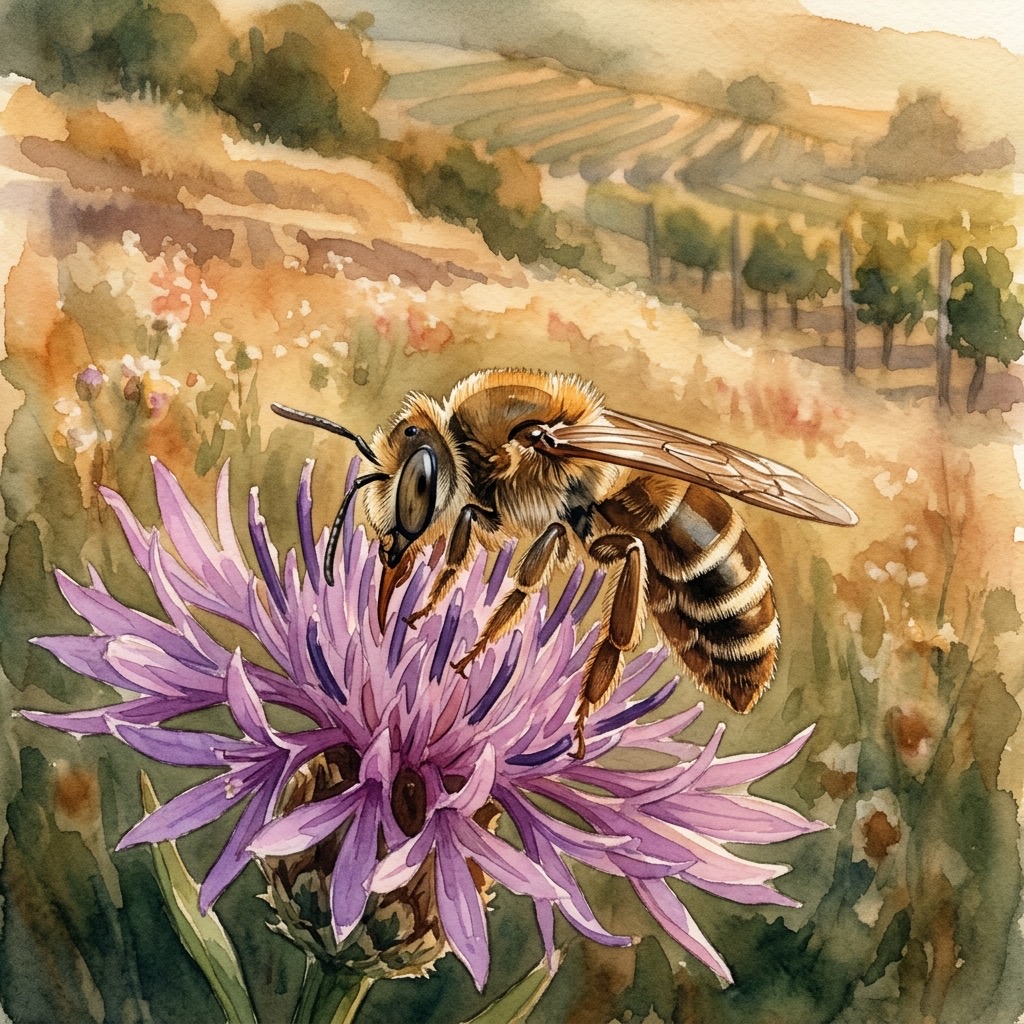 Aquarell einer Furchenbiene mit hellen Haarbinden auf einer violetten Flockenblume über dem Kalktrockenrasen des Kaiserstuhls in Baden-Württemberg