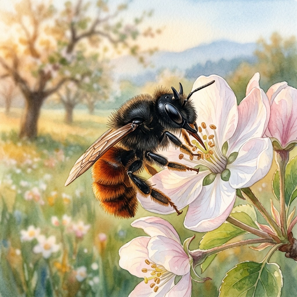 Aquarell einer Gehörnten Mauerbiene mit schwarzem Bruststück und leuchtend rostrotem Hinterleib an einer Obstblüte über einer Streuobstwiese im bayerischen Alpenvorland