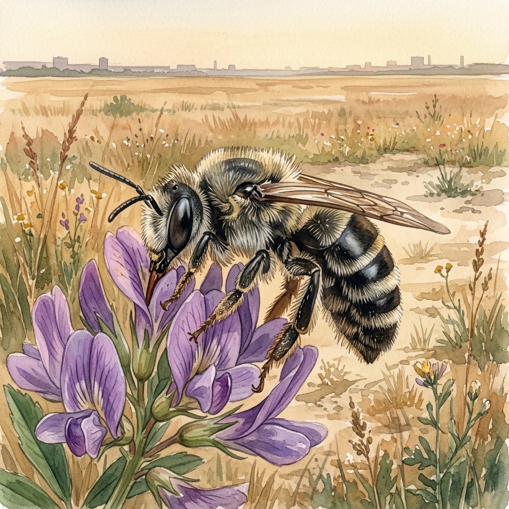 Aquarell einer grau behaarten Graubiene an einer violetten Luzerne-Blüte über der weiten, warm-trockenen Offenfläche des Tempelhofer Feldes in Berlin