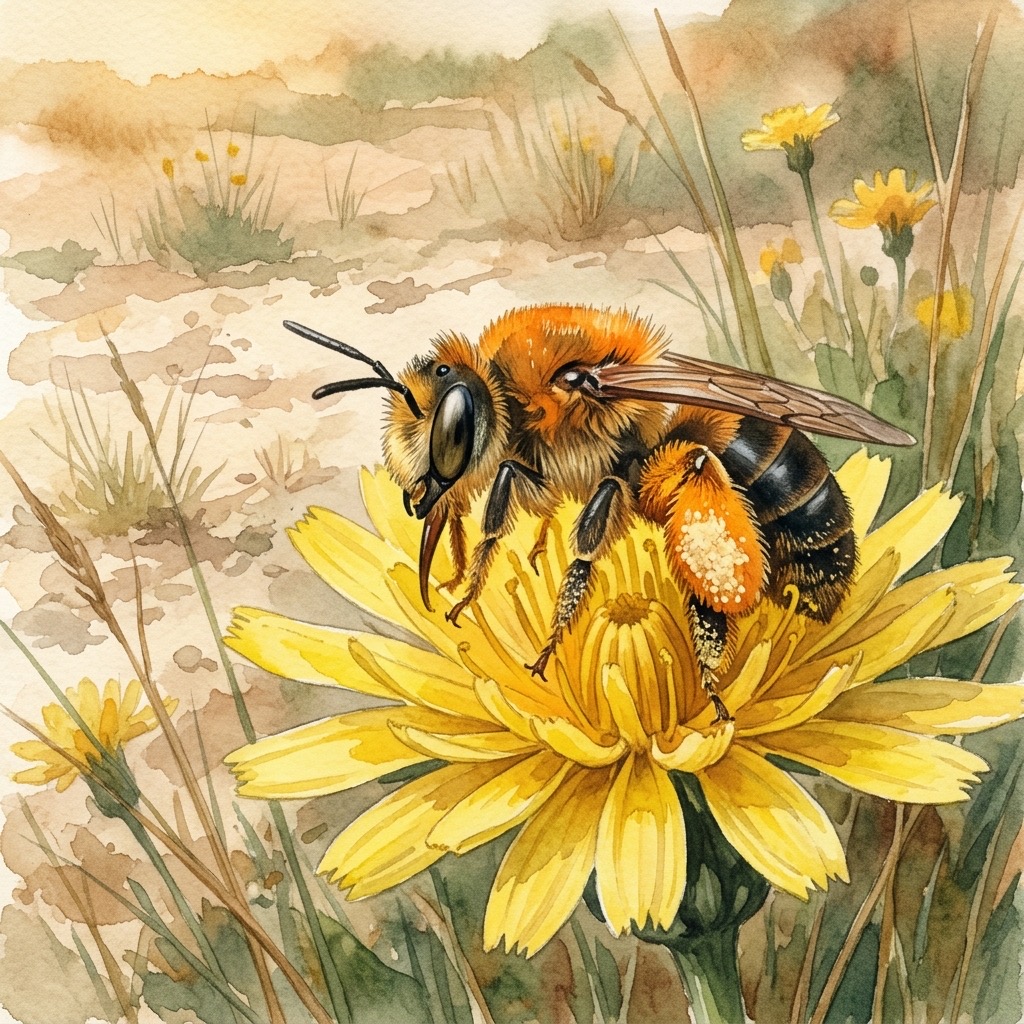 Aquarell einer Hosenbiene mit riesigen orangefarbenen Sammelbürsten an den Hinterbeinen auf einem gelben Korbblütler über offenem Sandtrockenrasen in Brandenburg