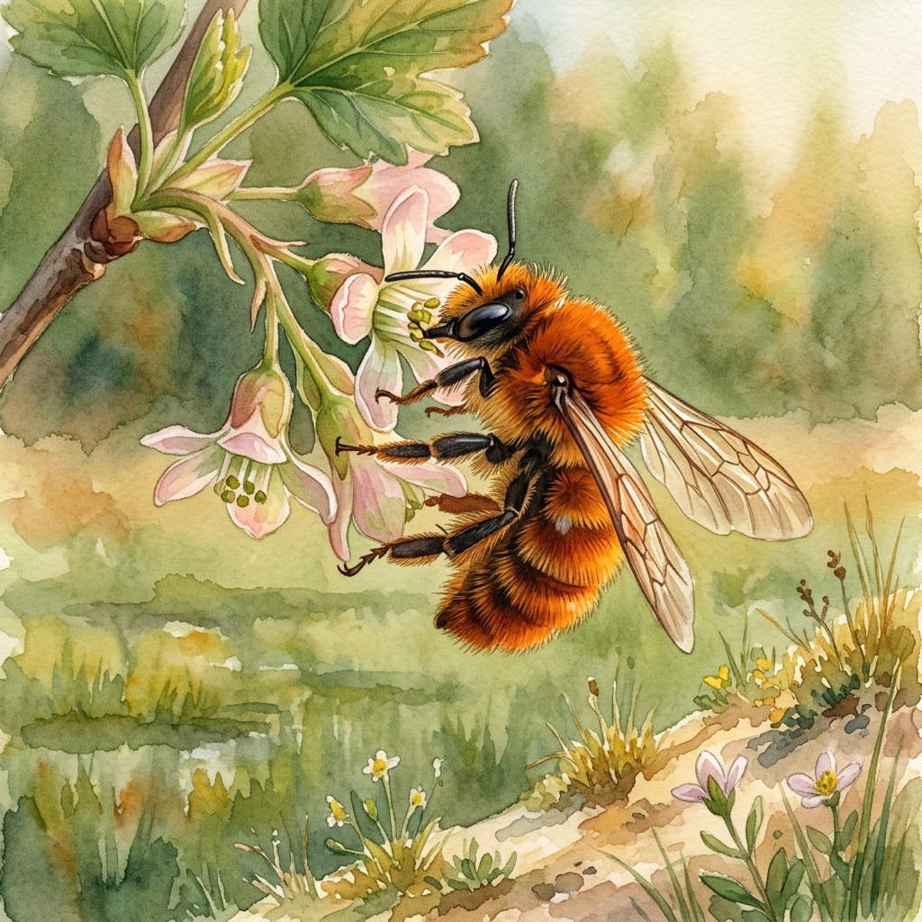 Aquarell einer leuchtend fuchsrot behaarten Fuchsroten Sandbiene an einer Johannisbeerblüte über der Bremer Flussmarsch mit Dünenresten