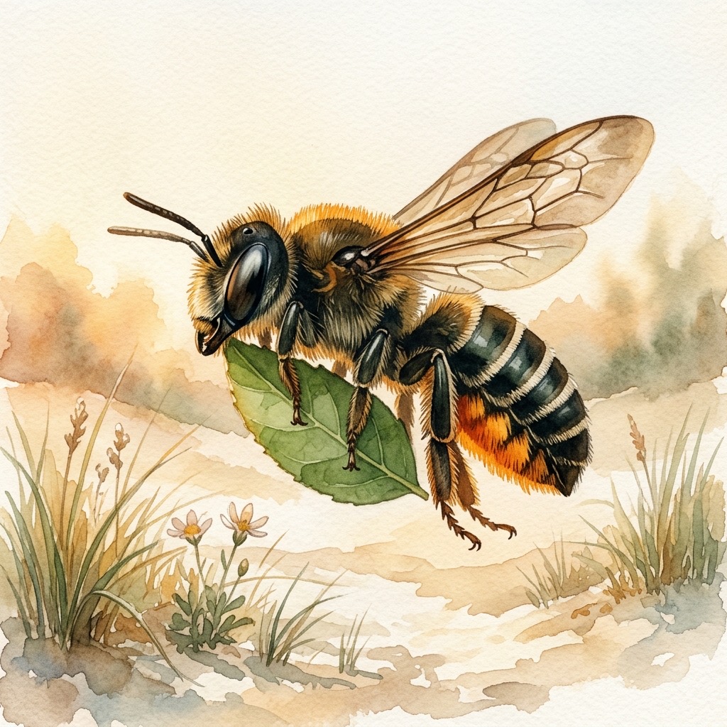 Aquarell einer Blattschneiderbiene mit orangefarbener Bauchbürste, die ein ausgeschnittenes Blattstück trägt, über der Binnendüne der Boberger Niederung in Hamburg