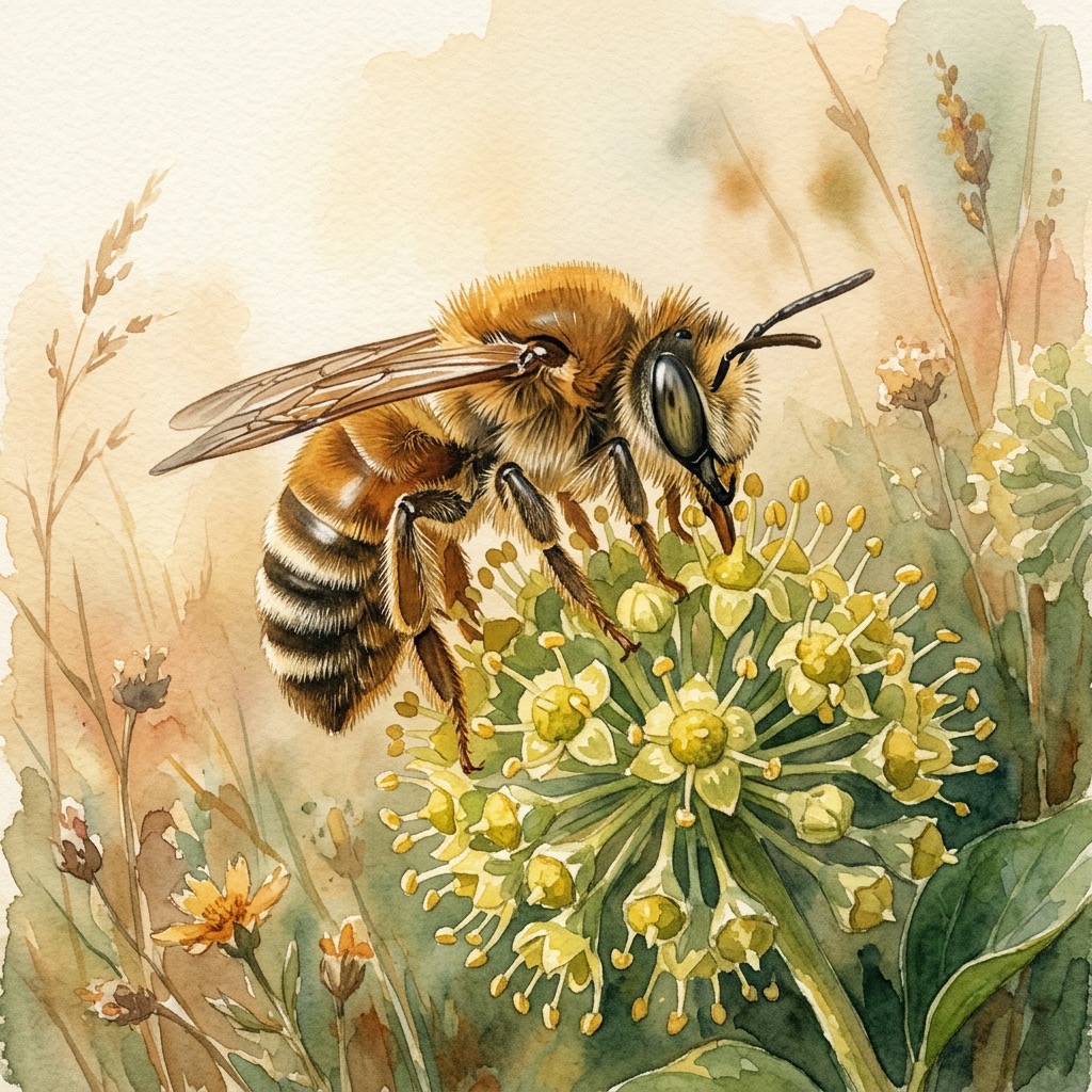 Aquarell einer honigbraun behaarten Efeu-Seidenbiene mit hellen Haarbinden an einer gelbgrünen Efeublüte über einem hessischen Löss-Magerrasen
