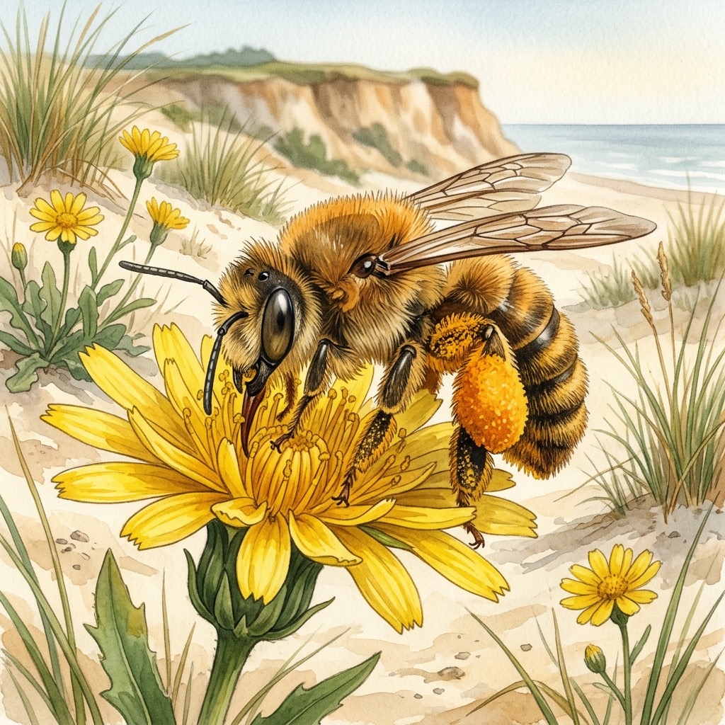 Aquarell einer Hosenbiene mit orangen Pollenhosen auf gelbem Korbblütler in der Ostsee-Küstendüne vor sandig-lehmigem Steilkliff