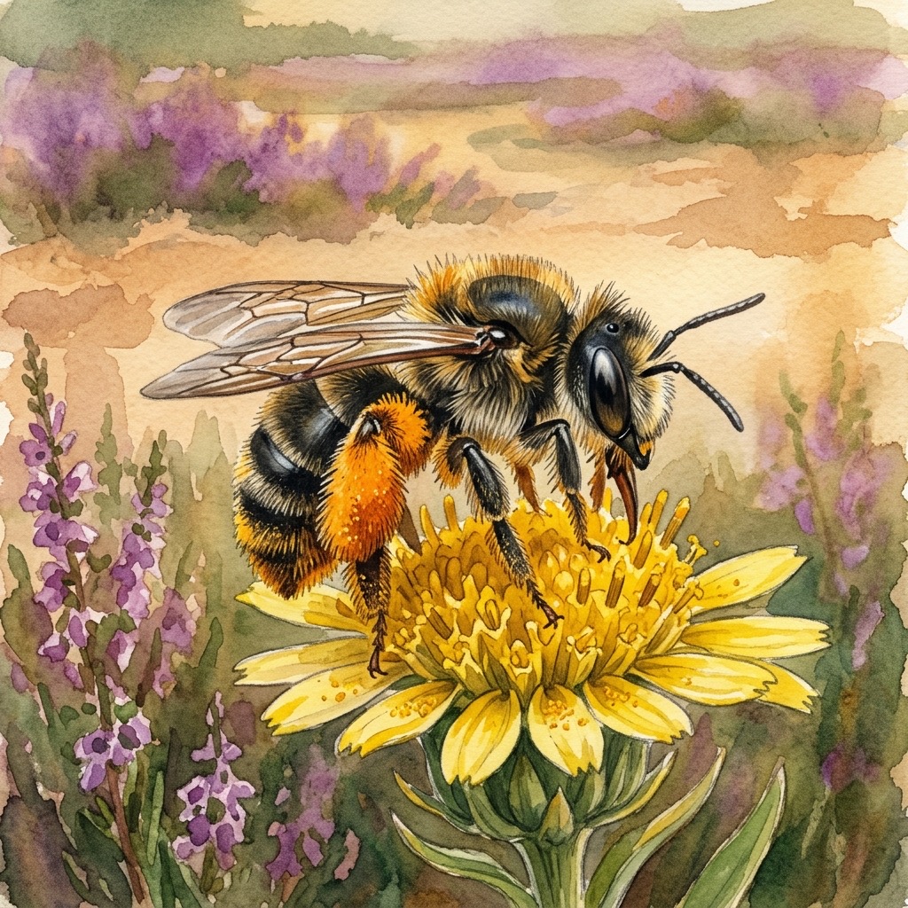 Aquarell einer Hosenbiene mit riesigen orangefarbenen Sammelbürsten an den Hinterbeinen auf einem gelben Korbblütler über der lila blühenden Lüneburger Heide
