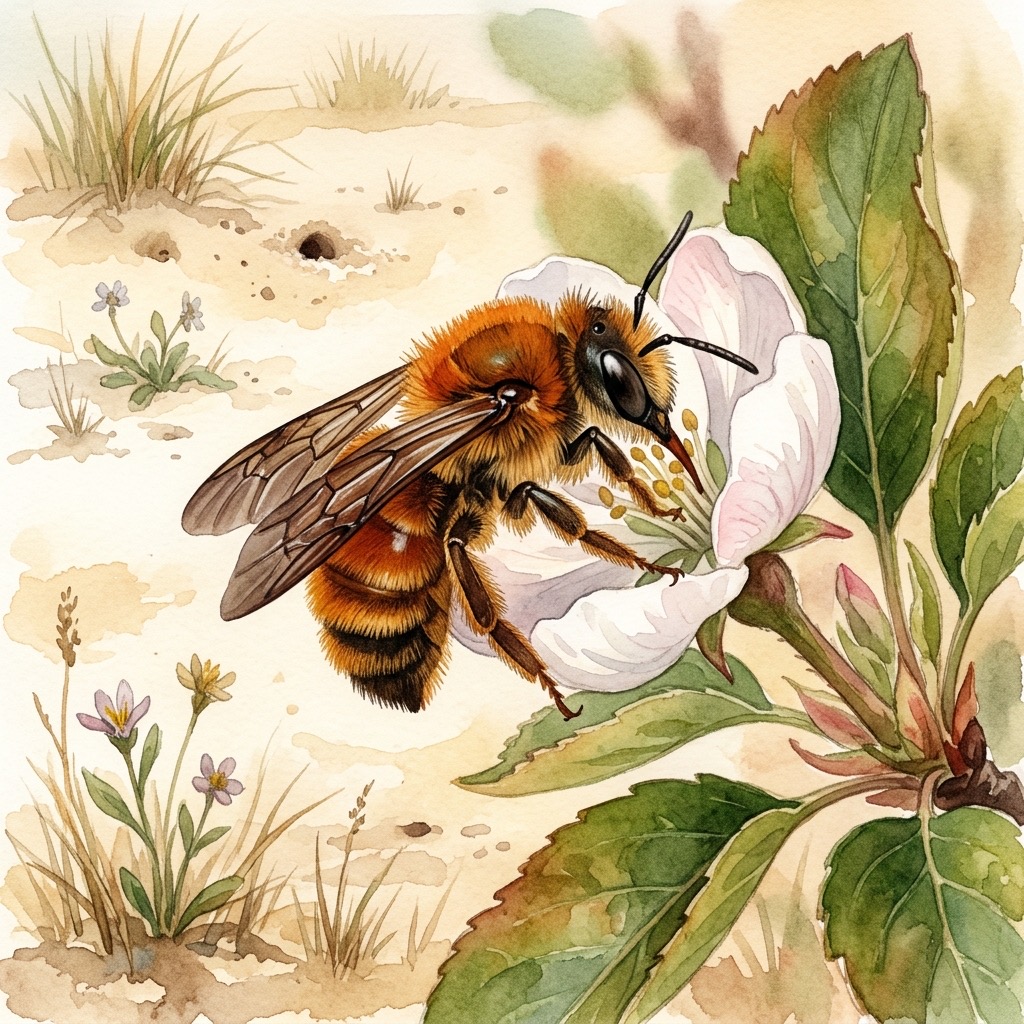 Aquarell einer leuchtend fuchsrot behaarten Fuchsroten Sandbiene an einer weißen Obstblüte über offenem Sandboden der niederrheinischen Sandlandschaft