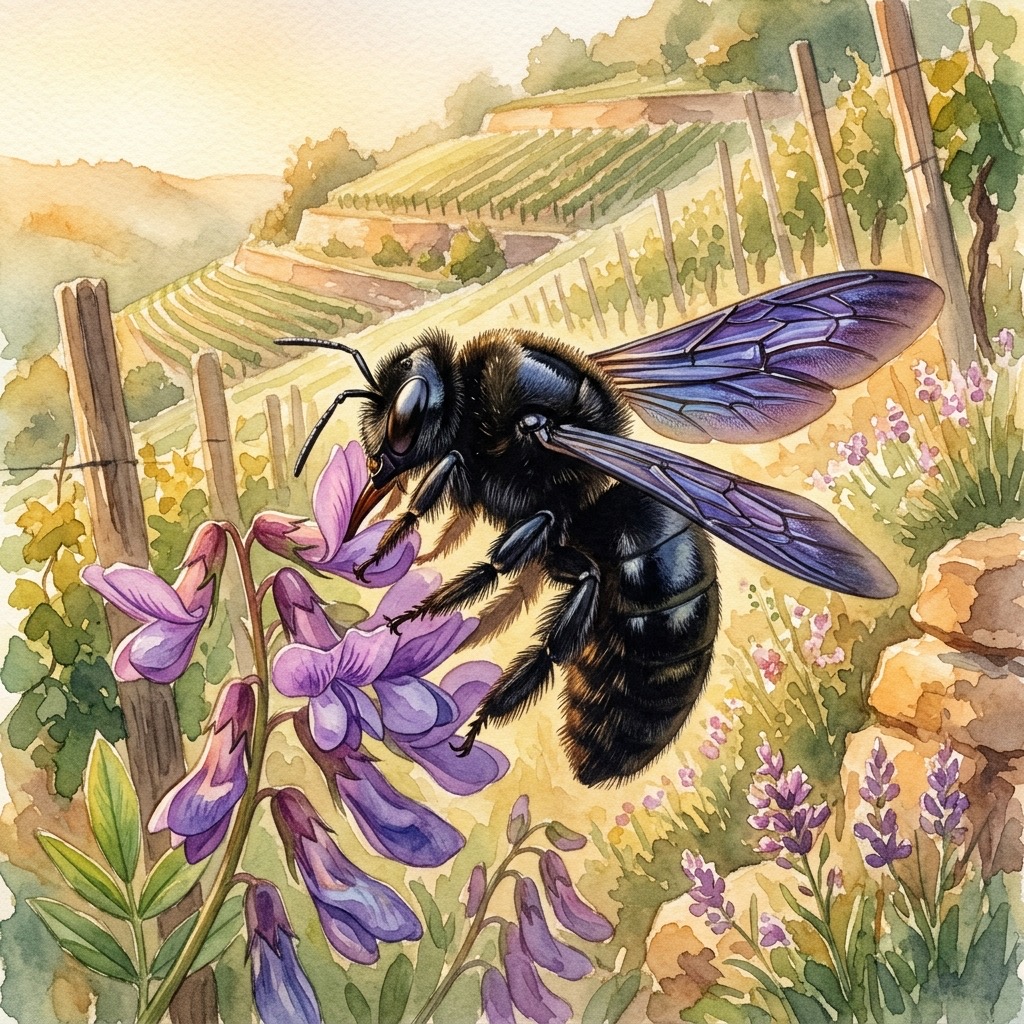 Aquarell einer großen schwarzen Blauschwarzen Holzbiene mit blau schimmernden Flügeln an einer Wicke über den sonnigen Weinbergen von Rheinland-Pfalz