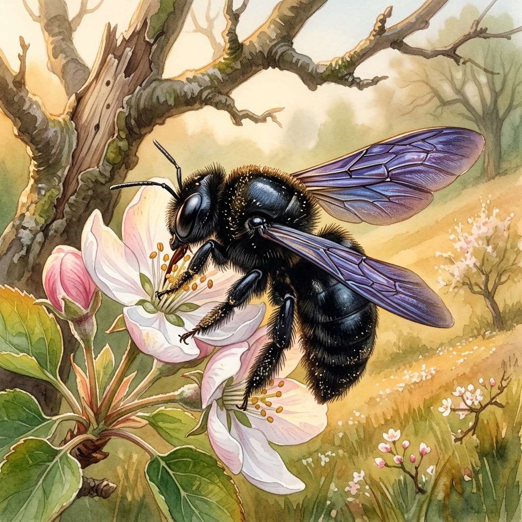 Aquarell einer großen schwarzen Blauschwarzen Holzbiene mit blau schimmernden Flügeln an einer Obstbaumblüte über einer sonnigen Muschelkalk-Streuobstwiese im Bliesgau