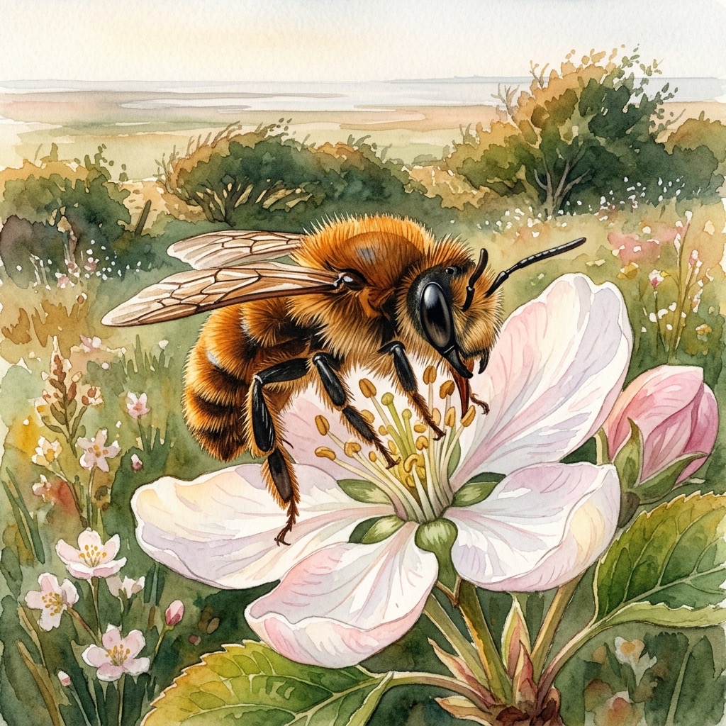 Aquarell einer rotbraun behaarten Roten Mauerbiene an einer Obstblüte über der Geest-Knicklandschaft Schleswig-Holsteins mit dem Wattenmeer am Horizont
