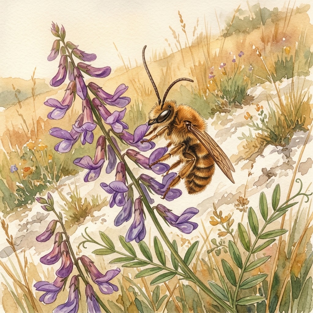 Aquarell einer männlichen Langhornbiene mit extrem langen Fühlern auf violetter Wicke im Kalkmagerrasen des Kyffhäusers
