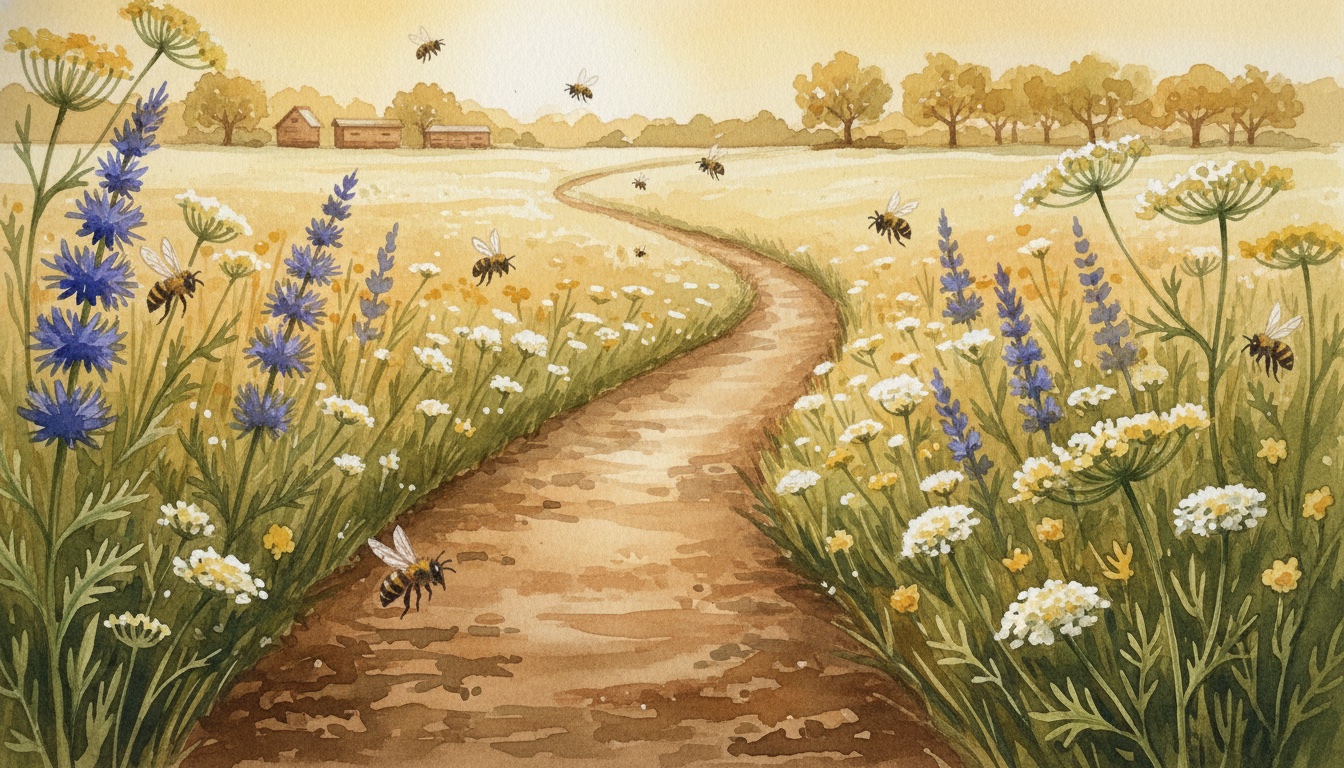 Ein Weg durch einen Wildblumenstreifen führt zum Horizont — Roadmap-Stimmung des Projekts