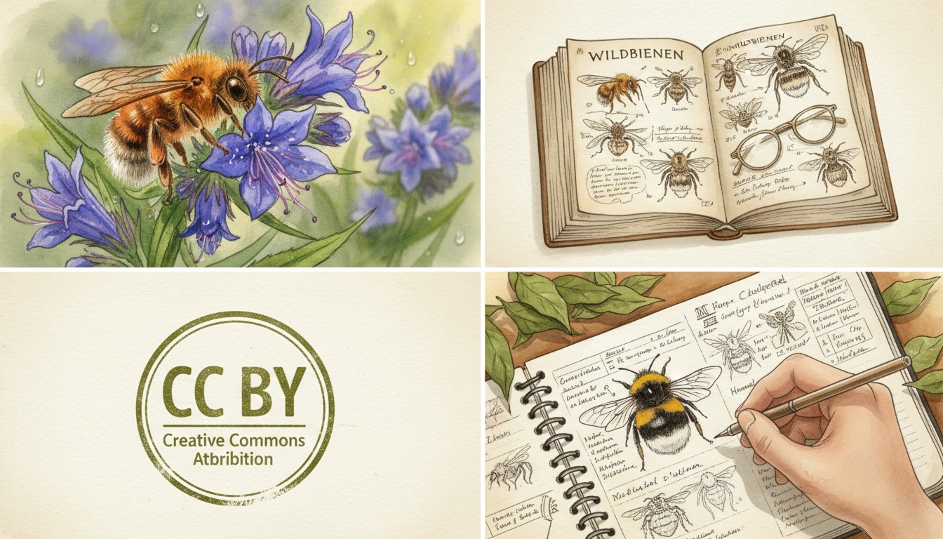 Vier Säulen des Bienen-Dashboards visualisiert — Datenpunkt, Gemeinde-URL, Open Data, eigene Meldung