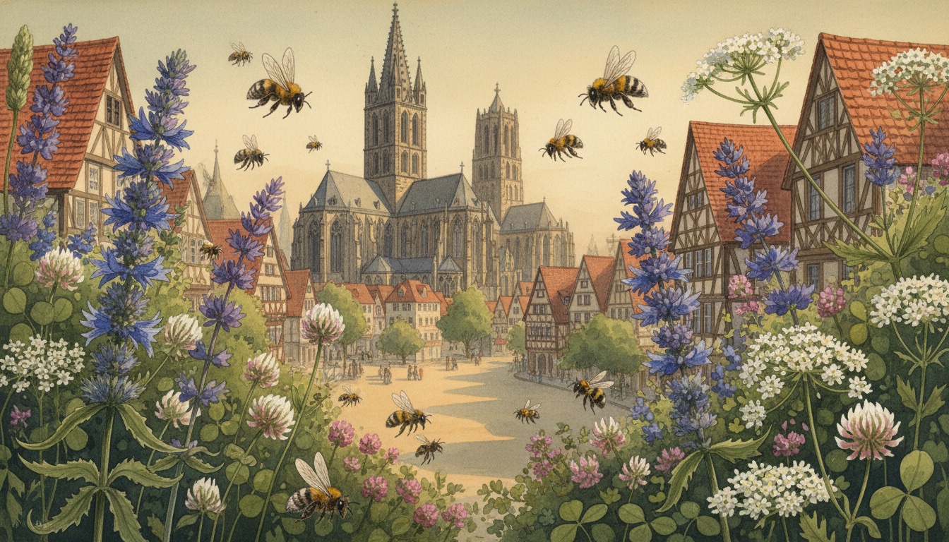 Bienen und Wildbienen in Aachen (Nordrhein-Westfalen) — Aquarell-Illustration der lokalen Habitate