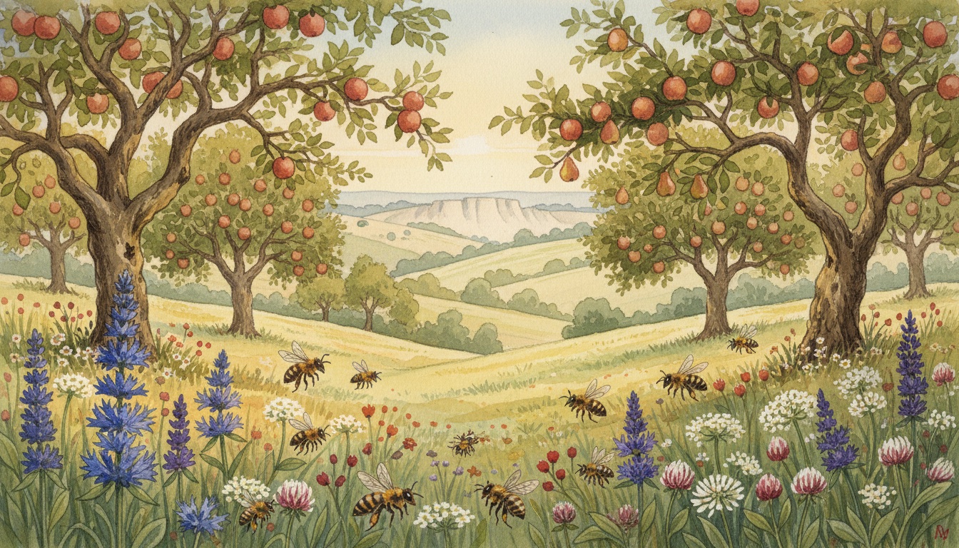 Bienen und Wildbienen in Aalen (Baden-Württemberg) — Aquarell-Illustration der lokalen Habitate
