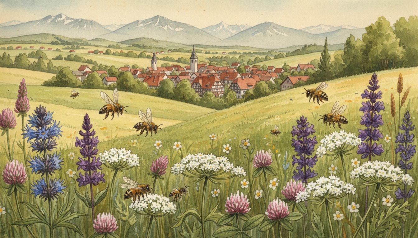 Bienen und Wildbienen in Aichach (Bayern) — Aquarell-Illustration der lokalen Habitate
