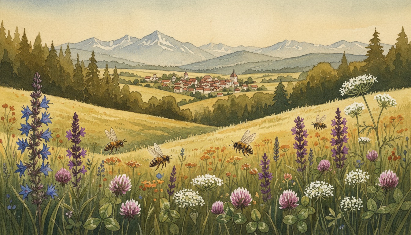Bienen und Wildbienen in Altötting (Bayern) — Aquarell-Illustration der lokalen Habitate