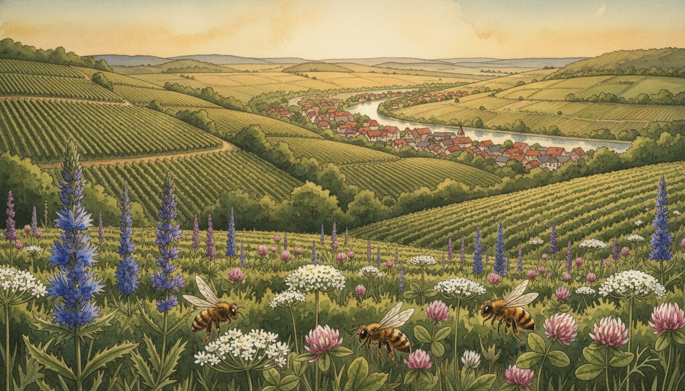 Bienen und Wildbienen in Alzey (Rheinland-Pfalz) — Aquarell-Illustration der lokalen Habitate