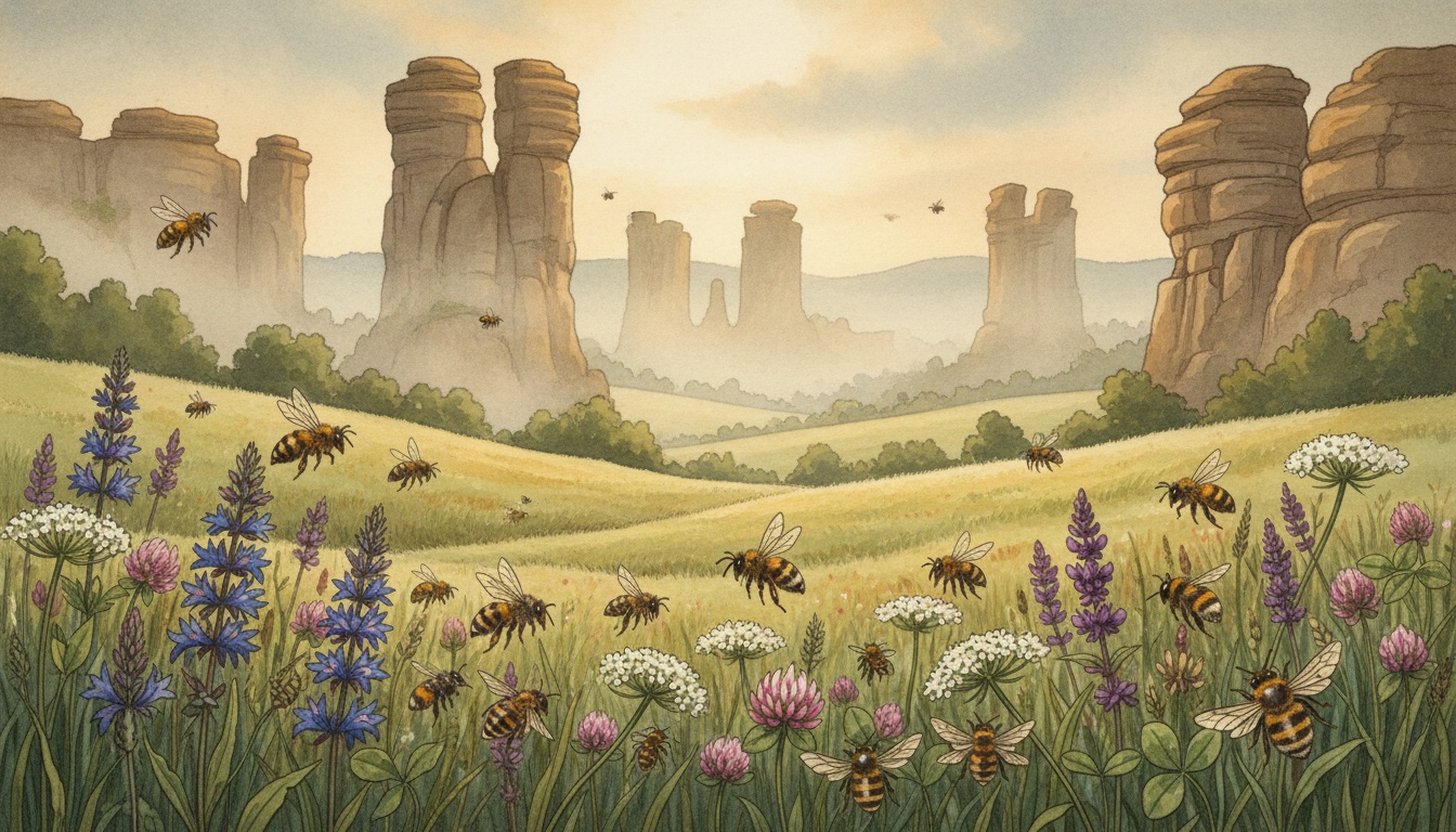 Bienen und Wildbienen in Annaberg-Buchholz (Sachsen) — Aquarell-Illustration der lokalen Habitate
