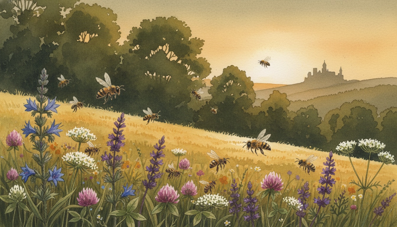 Bienen und Wildbienen in Apolda (Thüringen) — Aquarell-Illustration der lokalen Habitate