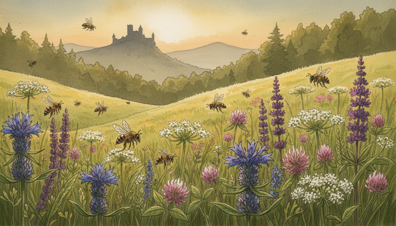 Bienen und Wildbienen in Arnstadt (Thüringen) — Aquarell-Illustration der lokalen Habitate