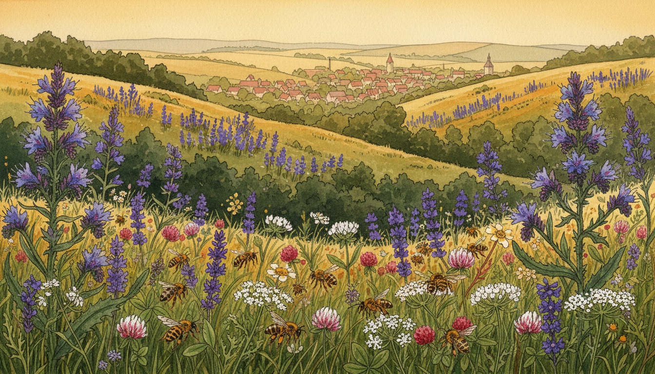 Bienen und Wildbienen in Aschersleben (Sachsen-Anhalt) — Aquarell-Illustration der lokalen Habitate