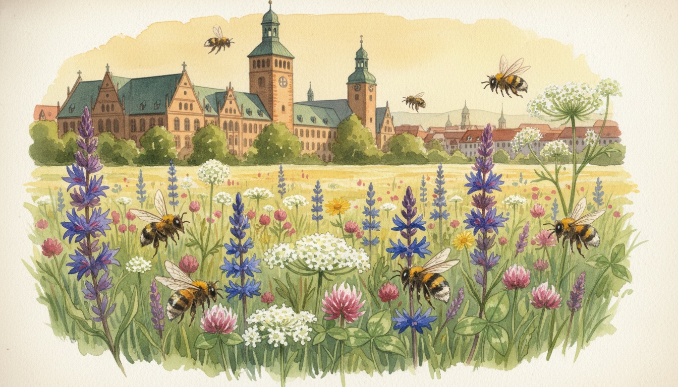 Bienen und Wildbienen in Augsburg (Bayern) — Aquarell-Illustration der lokalen Habitate