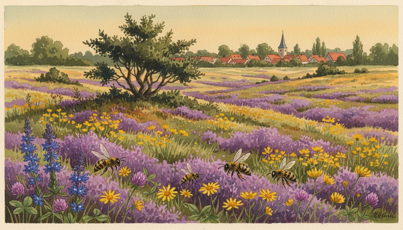 Bienen und Wildbienen in Aurich (Niedersachsen) — Aquarell-Illustration der lokalen Habitate