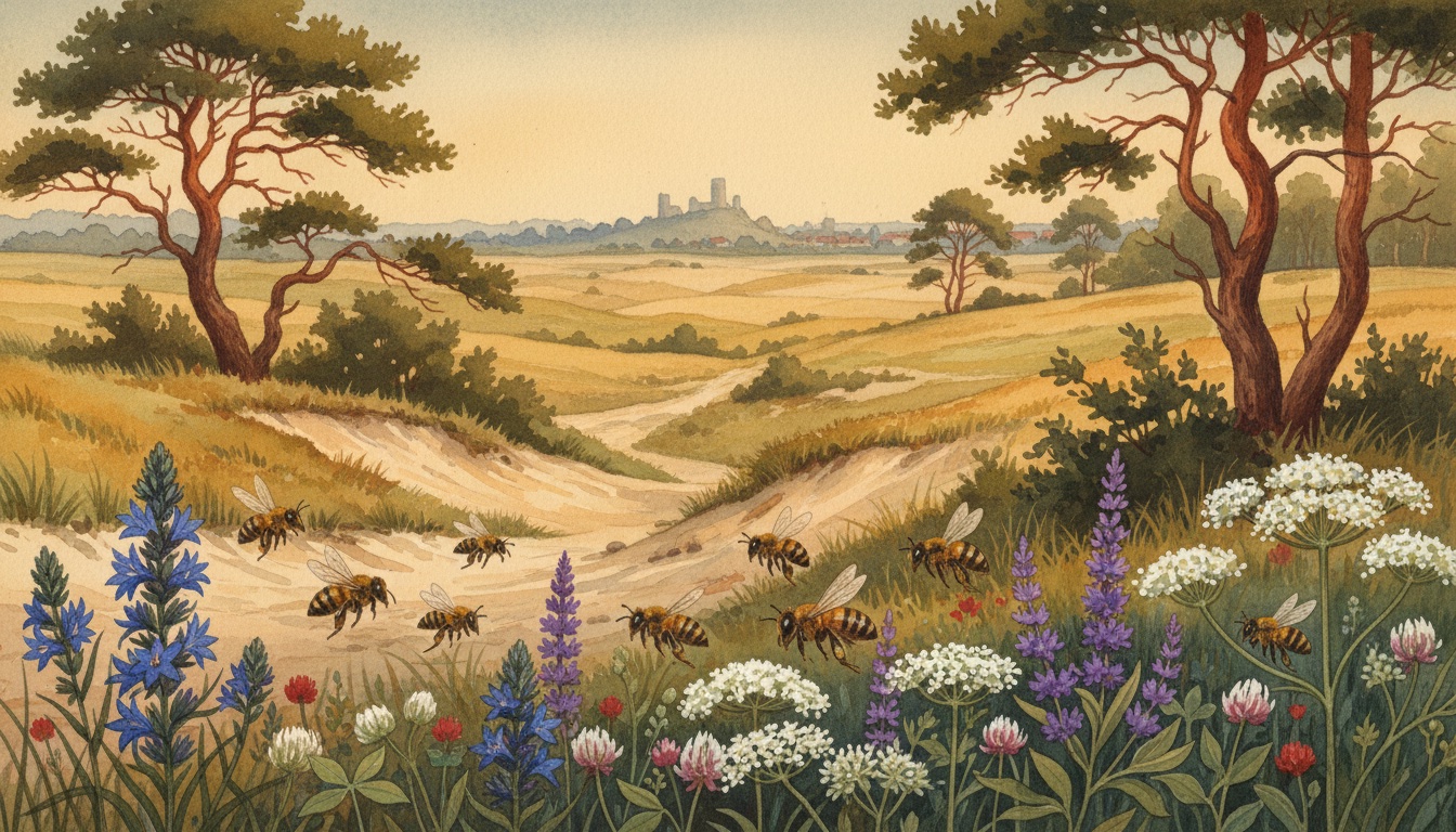Bienen und Wildbienen in Bad Belzig (Brandenburg) — Aquarell-Illustration der lokalen Habitate