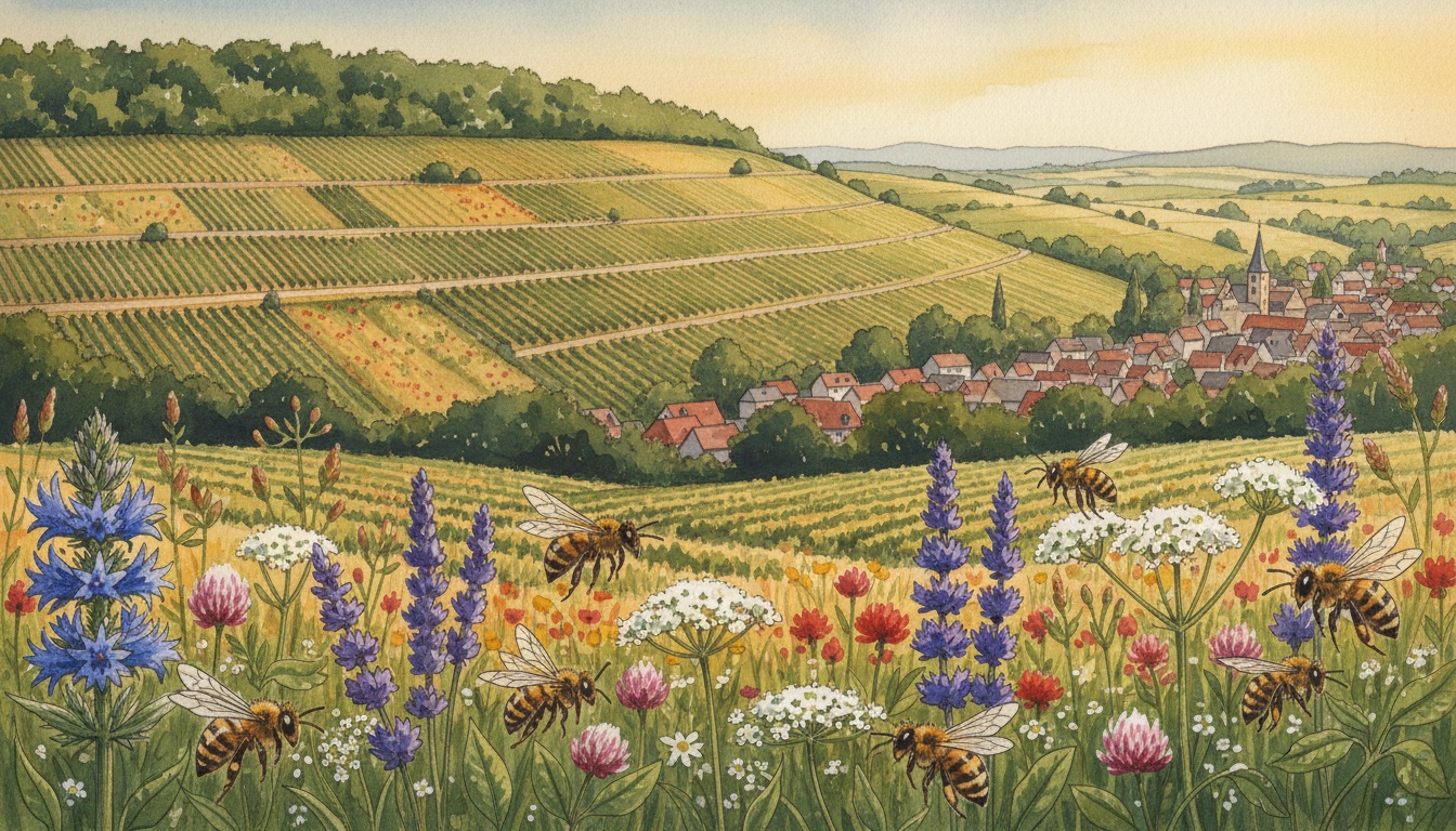 Bienen und Wildbienen in Bad Dürkheim (Rheinland-Pfalz) — Aquarell-Illustration der lokalen Habitate