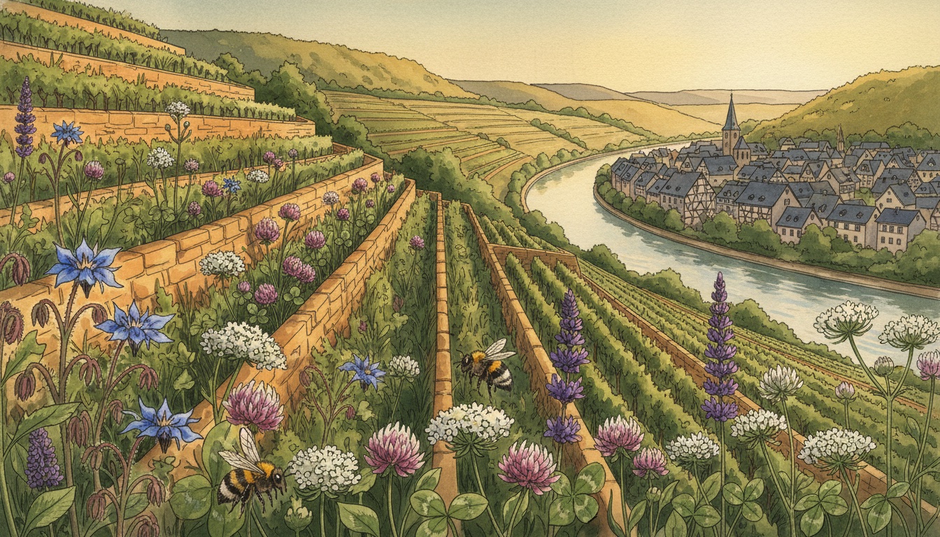 Bienen und Wildbienen in Bad Ems (Rheinland-Pfalz) — Aquarell-Illustration der lokalen Habitate